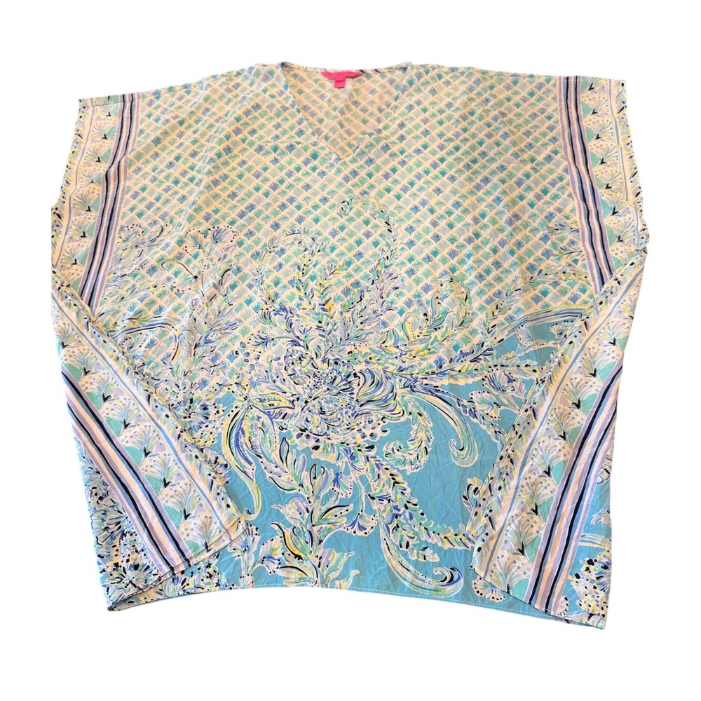 Lilly Pulitzer Silk Blend Caftan Cover Up Blue Green Shell Paisley Print S/M